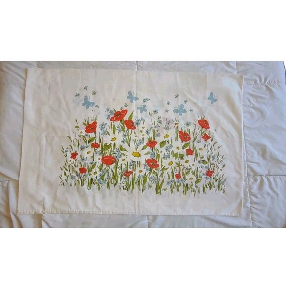 Vintage Morgan Jones Muslin Pillowcase Boho Poppies Daisies Yellow Butterflies - Picture 1 of 6